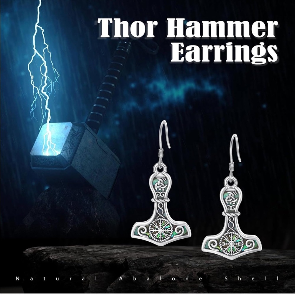 Viking Earrings Tree of Life 925 Sterling Silver Thor Hammer Compass Dangle Drop - Picture 3 of 7